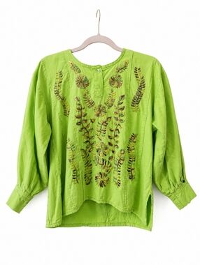 Mexican Handmade Embroidered Huipil Green 3/4 Puff Sleeve SZ S